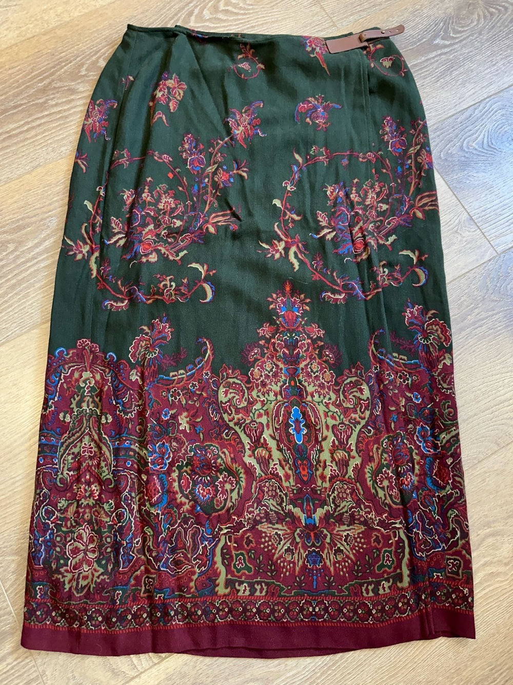 Lauren Ralph Lauren Wool Blend Wrap Skirt Green & Burgundy Paisley - 14